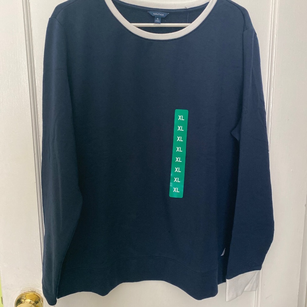 NWT Nautica Navy Blue Contrast White Trim Crewneck Sweatshirt XL